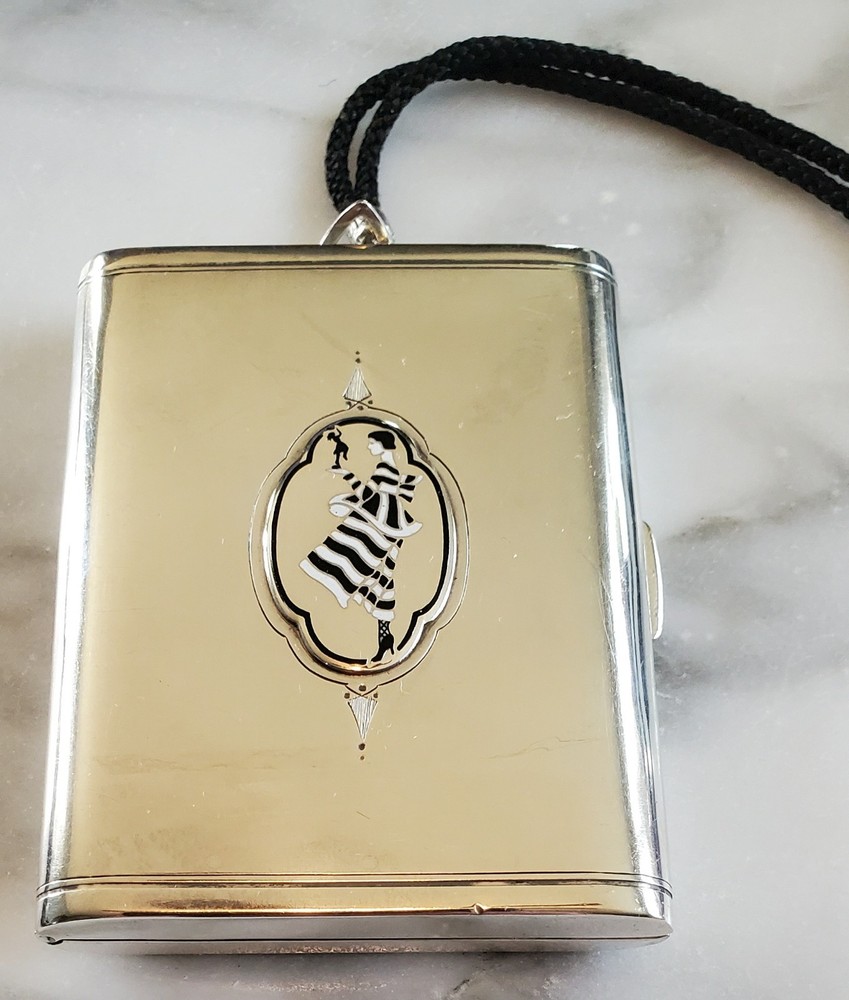 Unger Bros Sterling Silver Art Deco Enamel Flapper Cigarette Case Engine Turned