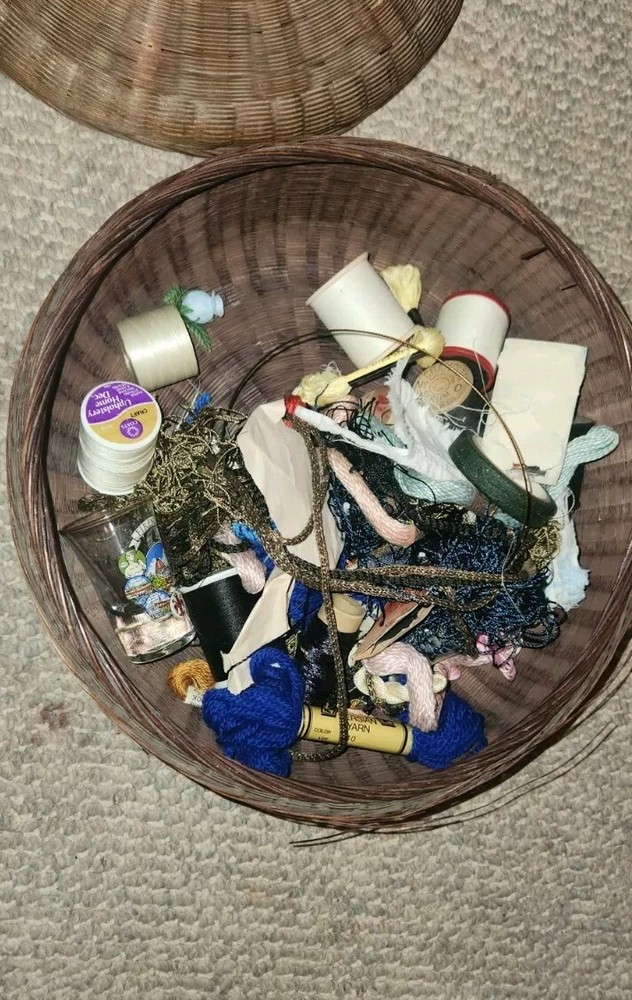 Vintage Woven Sewing Basket with Thread Notions String Oriental