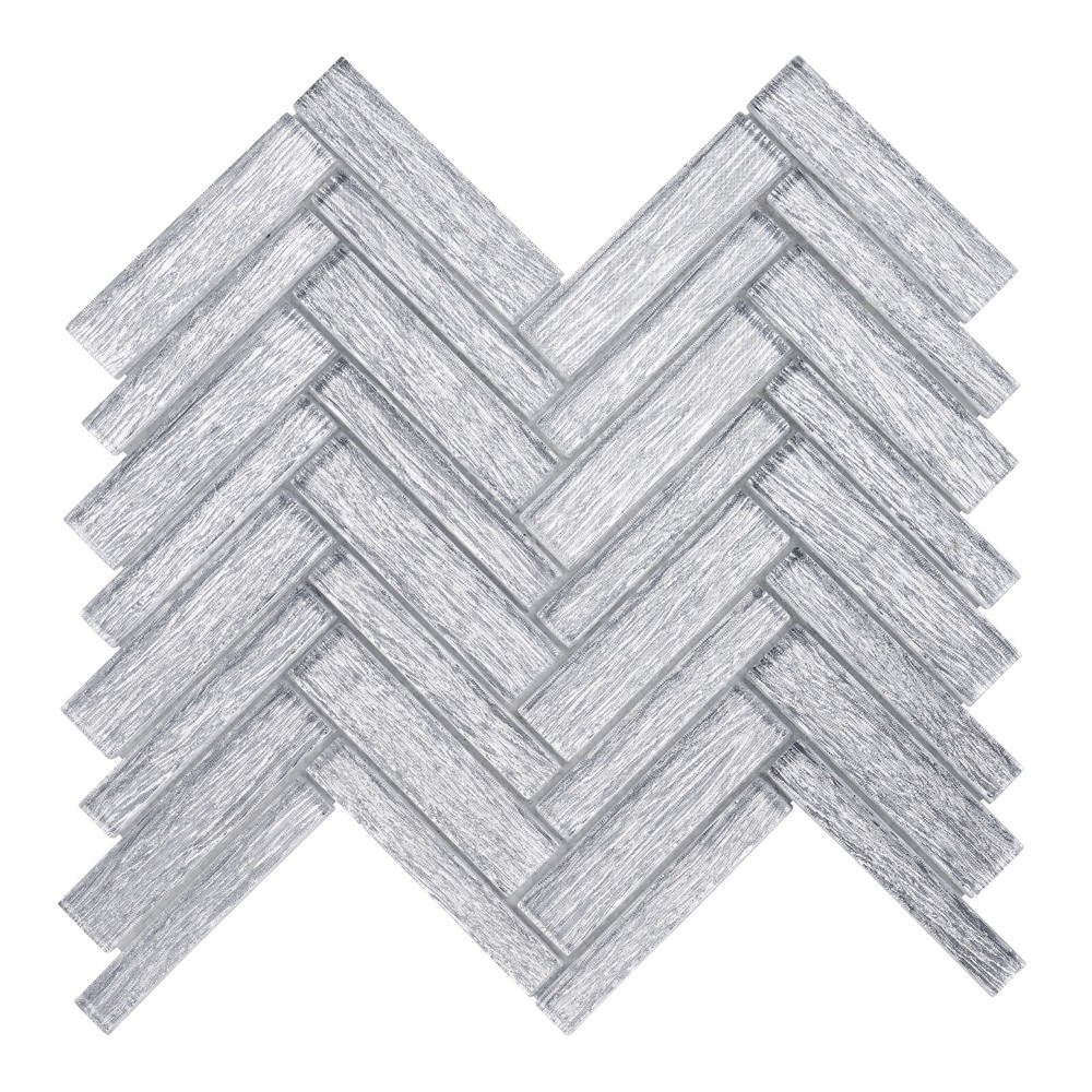 Gray Hand Brushed Pattern Silver White Metallic Glass Mosaic Tile Backsplash