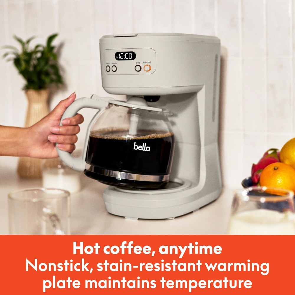 BELLA 12 Cup Programmable Coffee Marker, Reusable Dishwasher 12 cup, Oatmilk