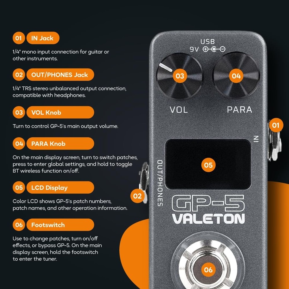 Valeton GP-5: Multi-Effects Processor with IR Loader, Bluetooth & USB Audio