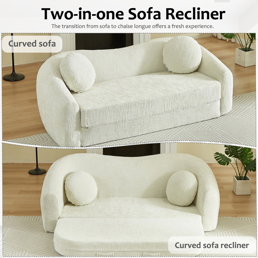 Curved Convertible Sofa Bed Folding Recliner Chenille Beige Sleeper