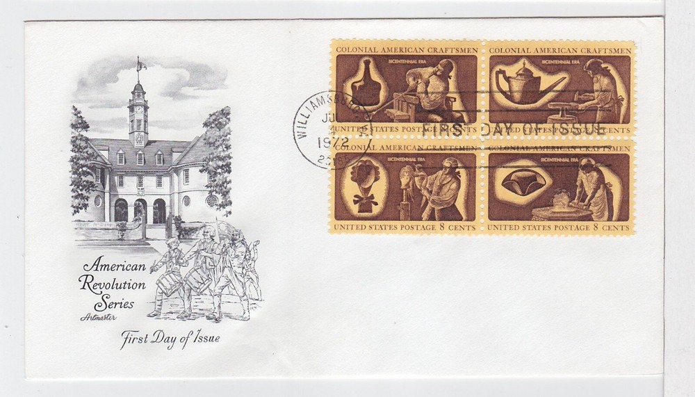 TurtlesTradingPost- Colonial Craftsmen 1972 FDC #1456-59 Artmaster Cachet