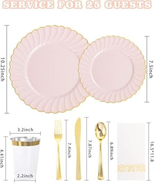 Scalloped Plastic Plates - Gold Disposable Dinnerware Set Include 175PCS Pink