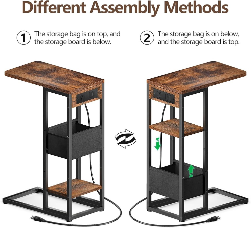 C Shaped End Table with Charging Station, Small Side Table for Couch Recliner,