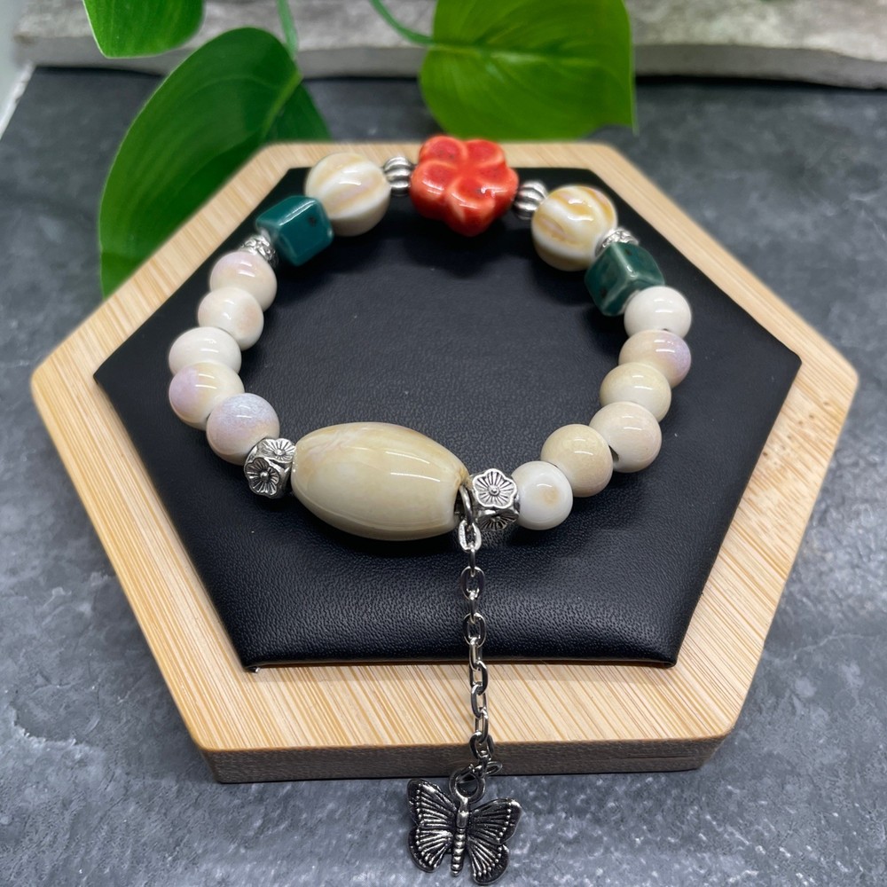 Handmade Ceramic Bead Beaded Stackable 6” Plus Stretch Bracelet New B415