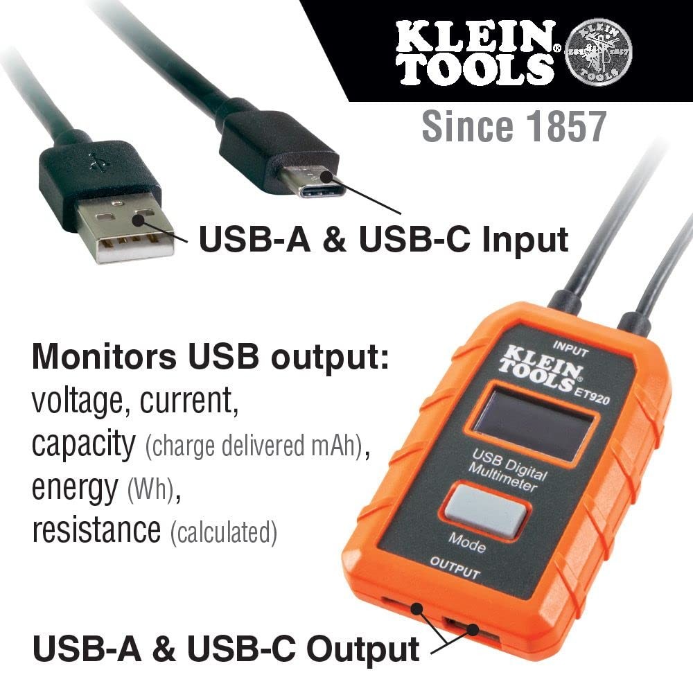 Klein Tools ET920 USB Power Meter, USB-A and USB-C Digital Meter for Voltage...