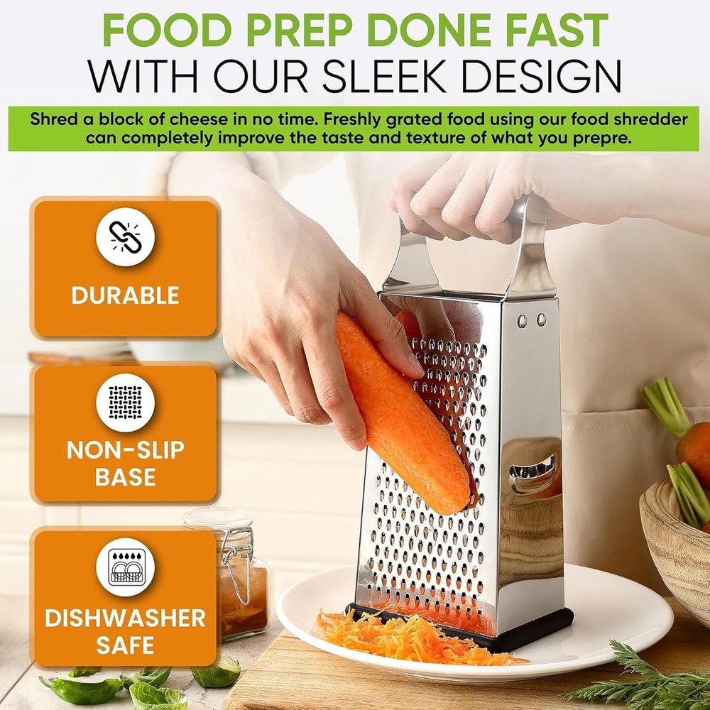 Professional Stainless Steel Parmesan Grater - 4 Sided Multi-Function Shredder