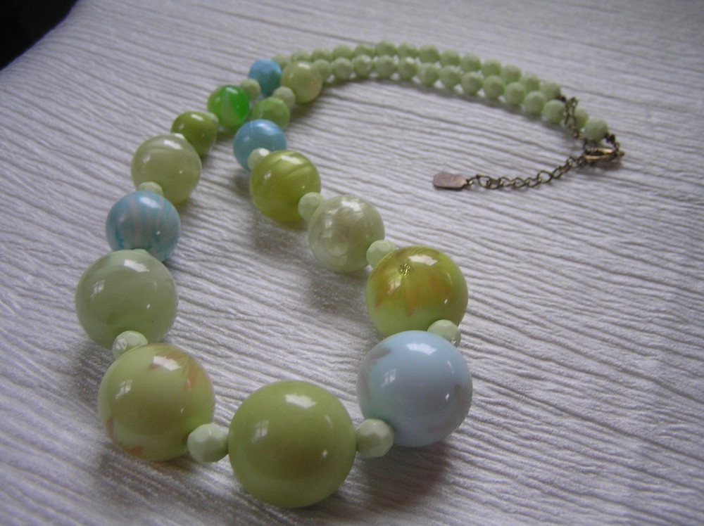 Nice Spring Designer Signed Light Blue & Green Infused Flower Graduated Plastic