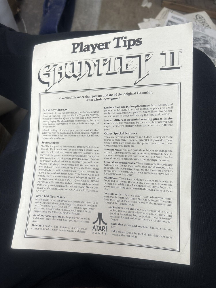 Atari GAUNTLET 2 PLAYER TIPS Arcade Video Game flyer- original