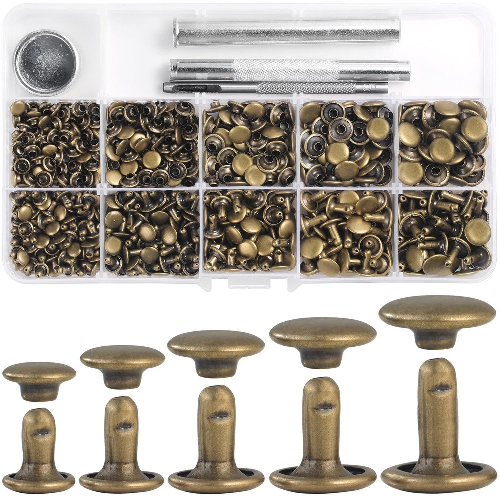 Leather Rivets Kit 340 Sets Double Cap Rivets with Crafting Tool Bronze
