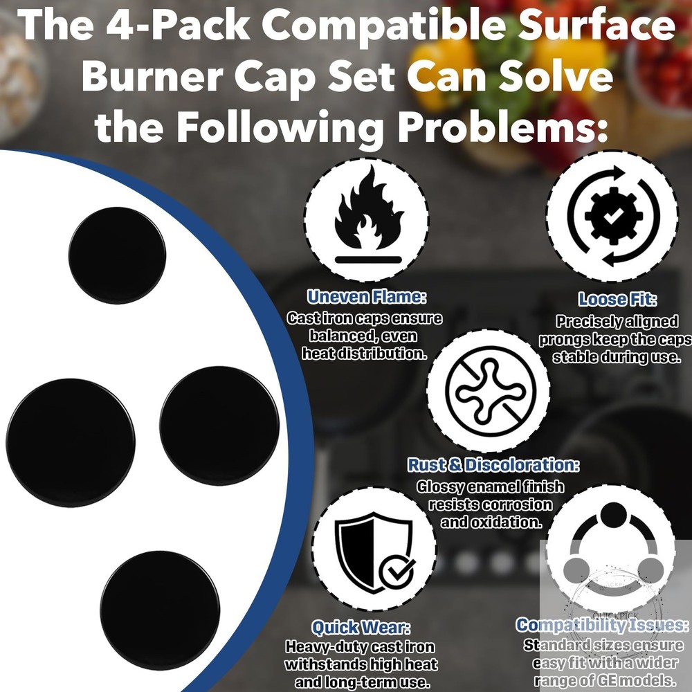 Surface Burner Cap Set Replacement for GE Gas Range/Stove/Oven (4-Pack) Includes