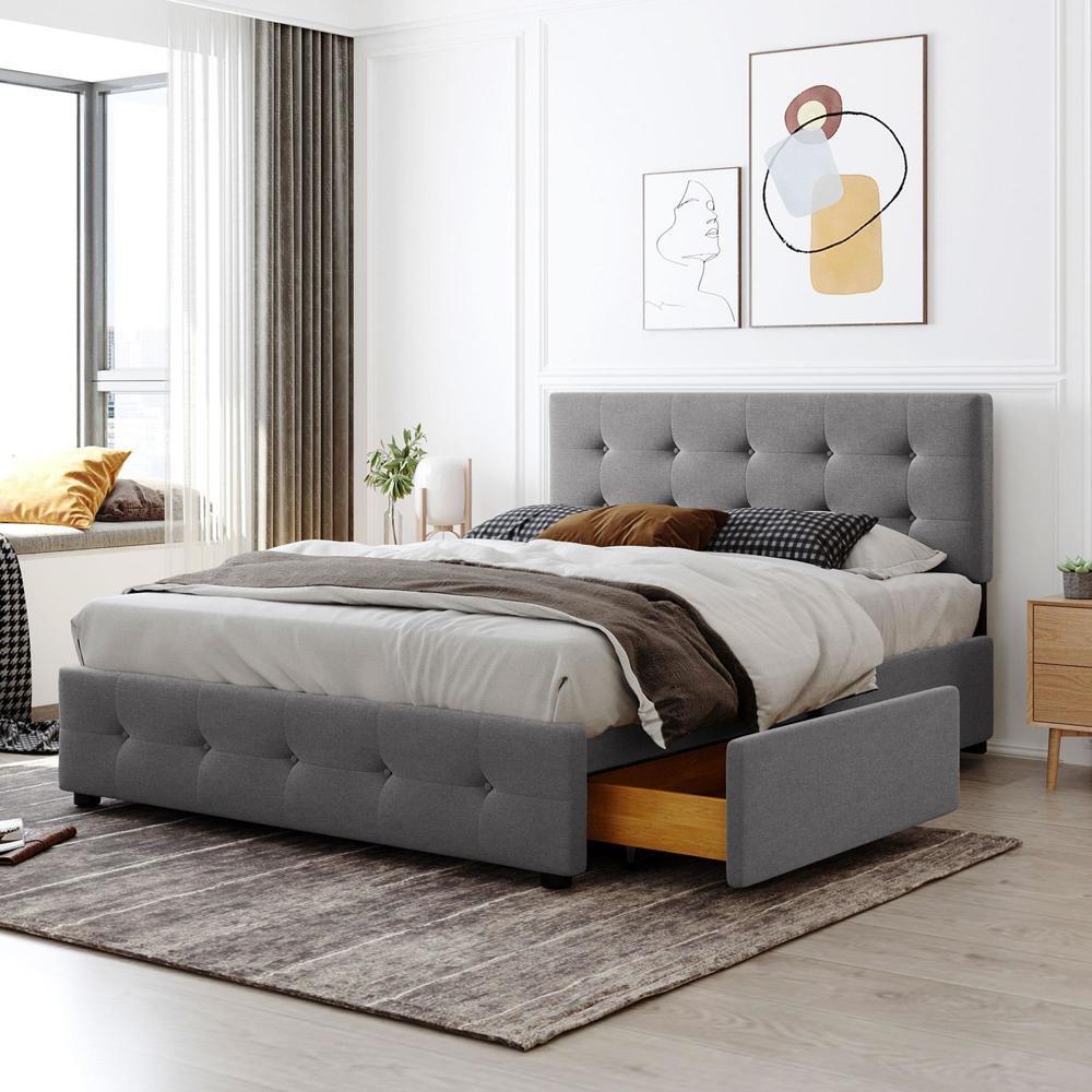 Sturdy and Durable Queen Size Platform Bed with Classic Headboard and Drawers