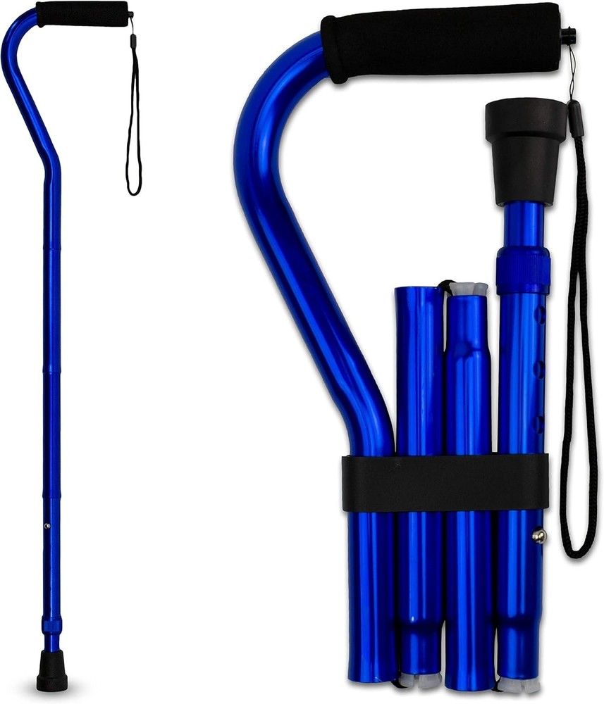 RMS Folding Cane with Offset Foam Handle, Adjustable Walking Stick Blue