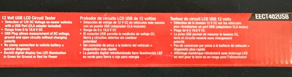 New Snap on™ EECT402USB 12 Volt Digital Display Circuit Tester with USB Plug