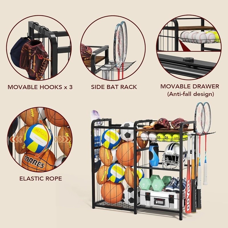 Sports Ball Storage Rack W/ Pull-Out Basket Multi-Function Hooks Organizer Black