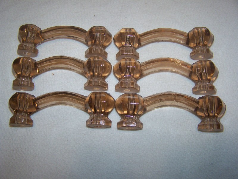6 Vintage Pink Glass Cabinet Pulls Drawer Handles