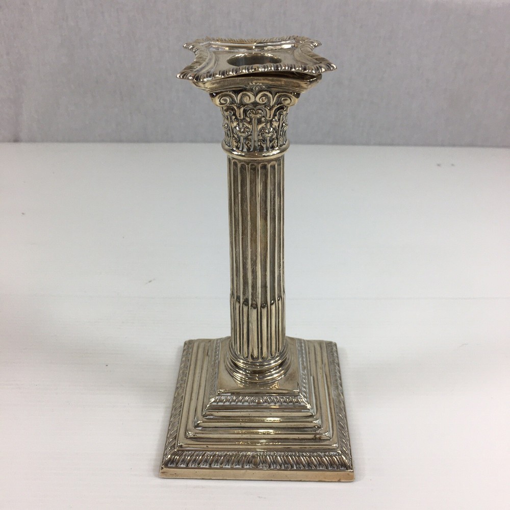 Antique 1936 Solid Silver Weighted Pair Of Corinthian Column Candlesticks