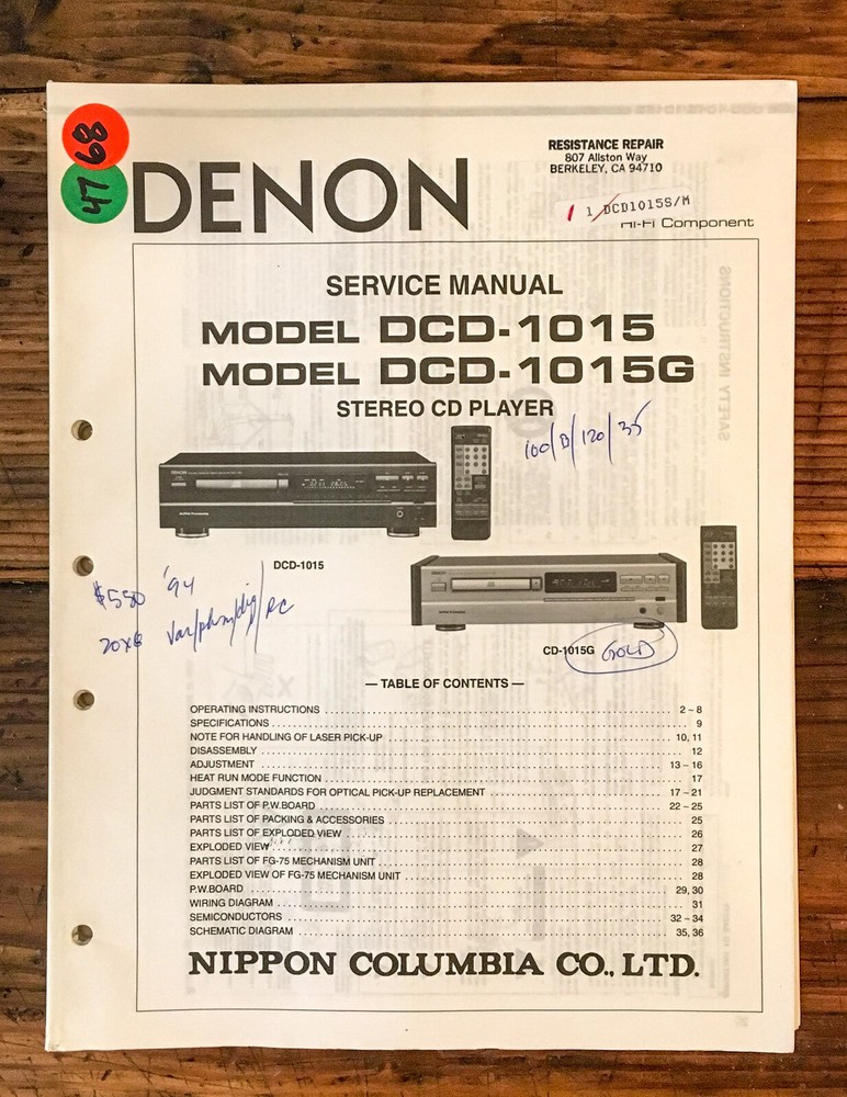 Denon DCD-1015 DCD-1015G CD Player  Service Manual *Original*
