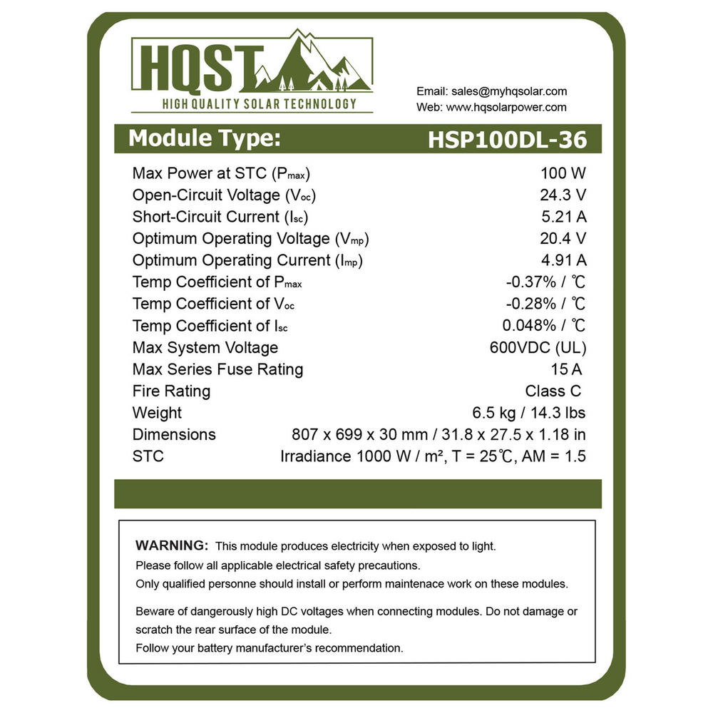 HQST 100 Watt 12 Volt 9BB Cell Monocrystalline Solar Panel (Compact Square Size)