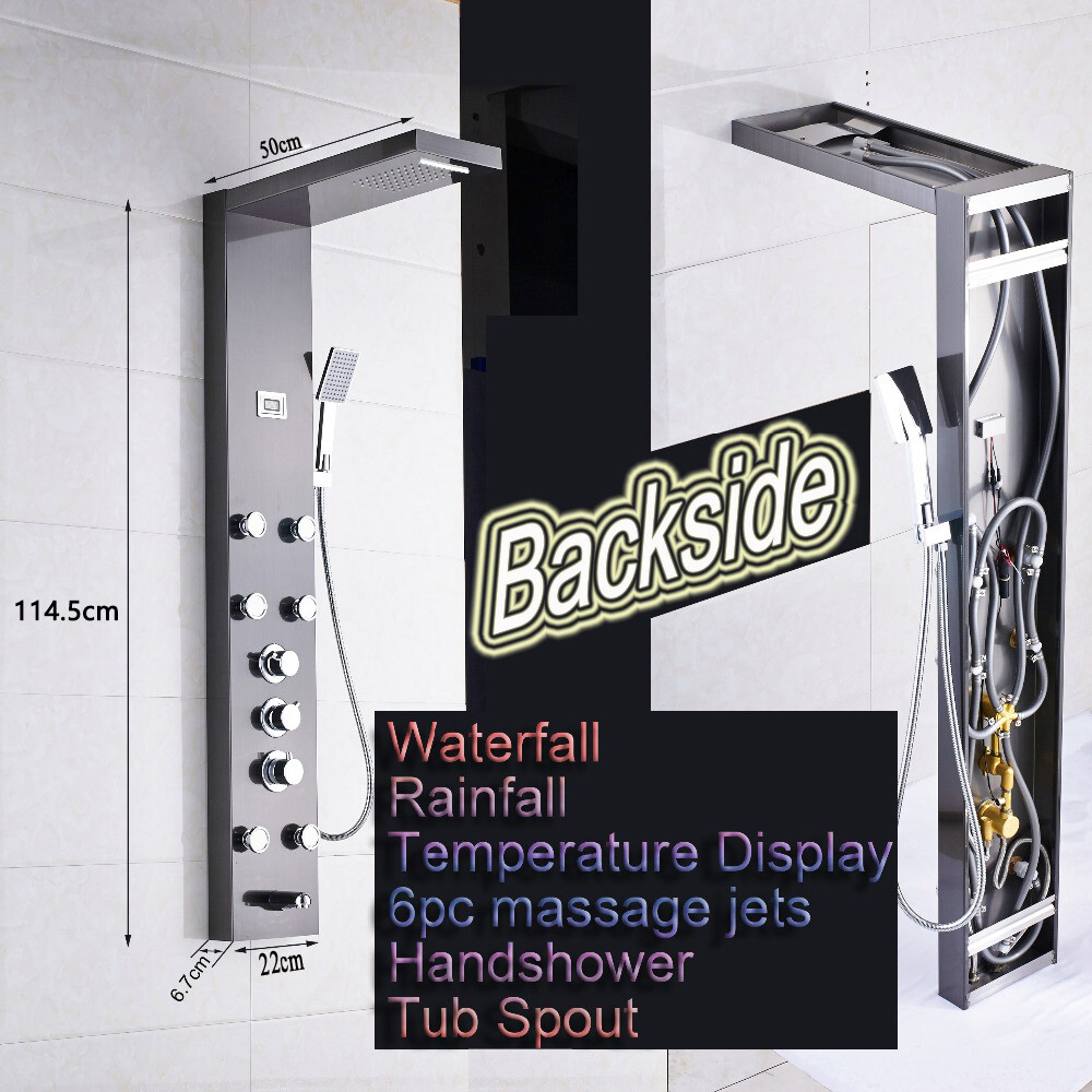 Multi Function Black Shower Panel Rainfall Massage Jets Thermostatic Display Tap