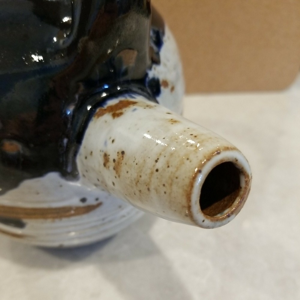 Drip Glazed Clay Teapot Handmade Signed Molded Handle Stubby Spout