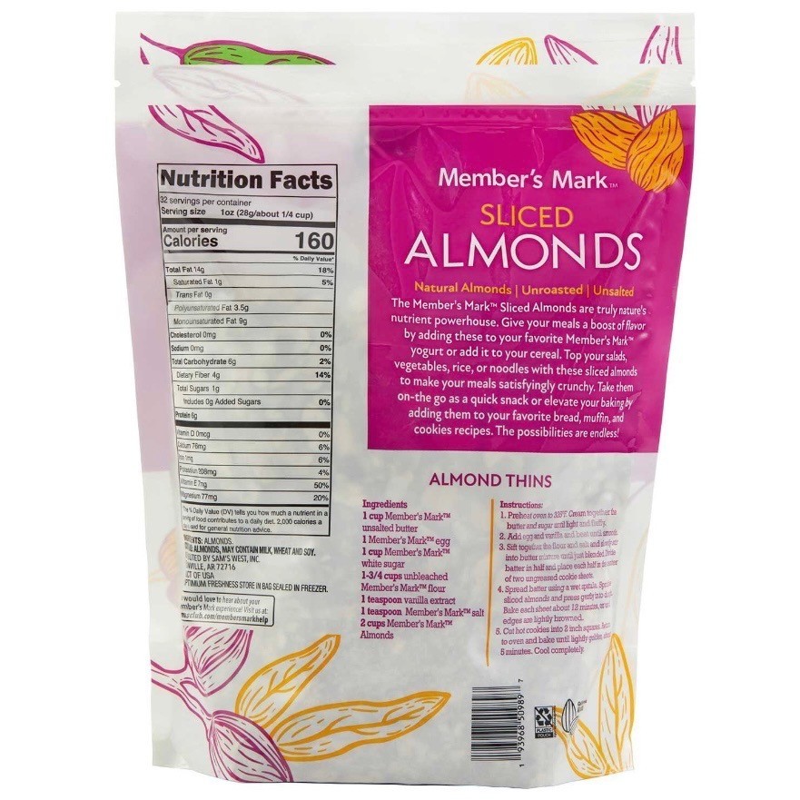 2 Pack Member's Mark Sliced Almonds 2 lb Each Bulk Nuts