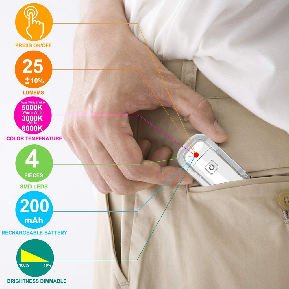 White Book Reading Light, Rechargeable, LED Clip on, Brightness Adjustable