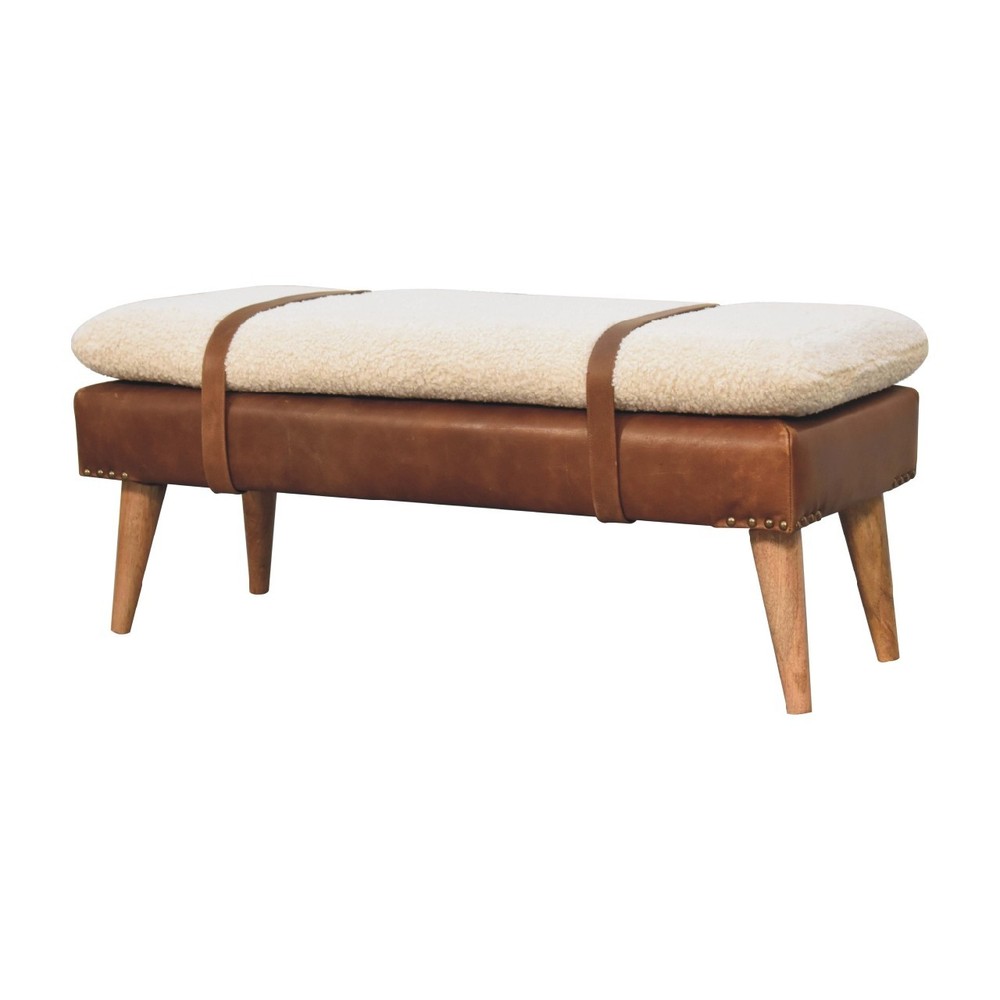 Boucle & Leather Accent Bench