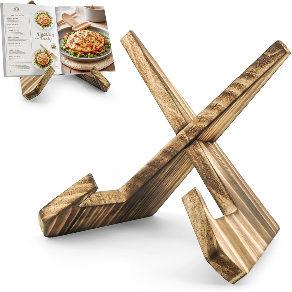 Wood Cookbook Stand – Rustic Recipe Book Holder for Kitchen Counter