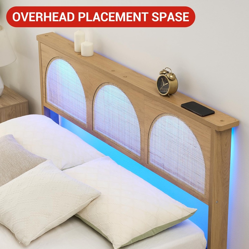 Queen/Full Size Platform Bed Frame W/LED Lights &Wood Headboard,Underbed Storage