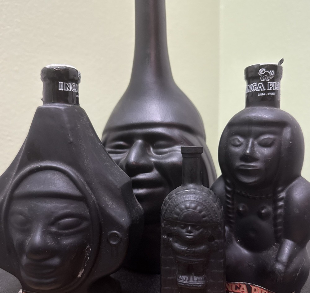 1970’s Peruvian Ranuzzi Inca Pisco Matte Black Empty Bottles 4 Sizes