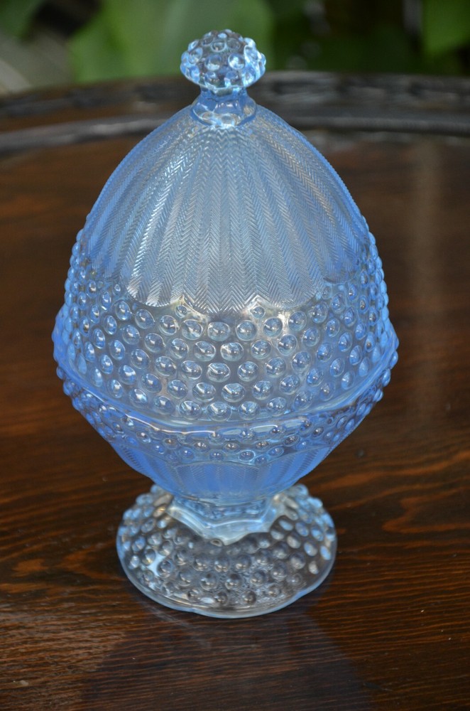 Gorham blue glass Easter egg covered dish, 10" tall