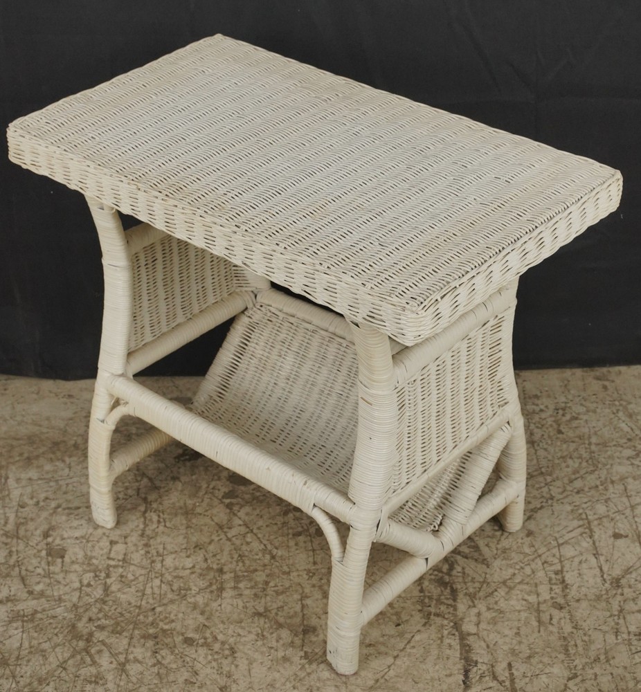 Vintage White Wicker Magazine End Table