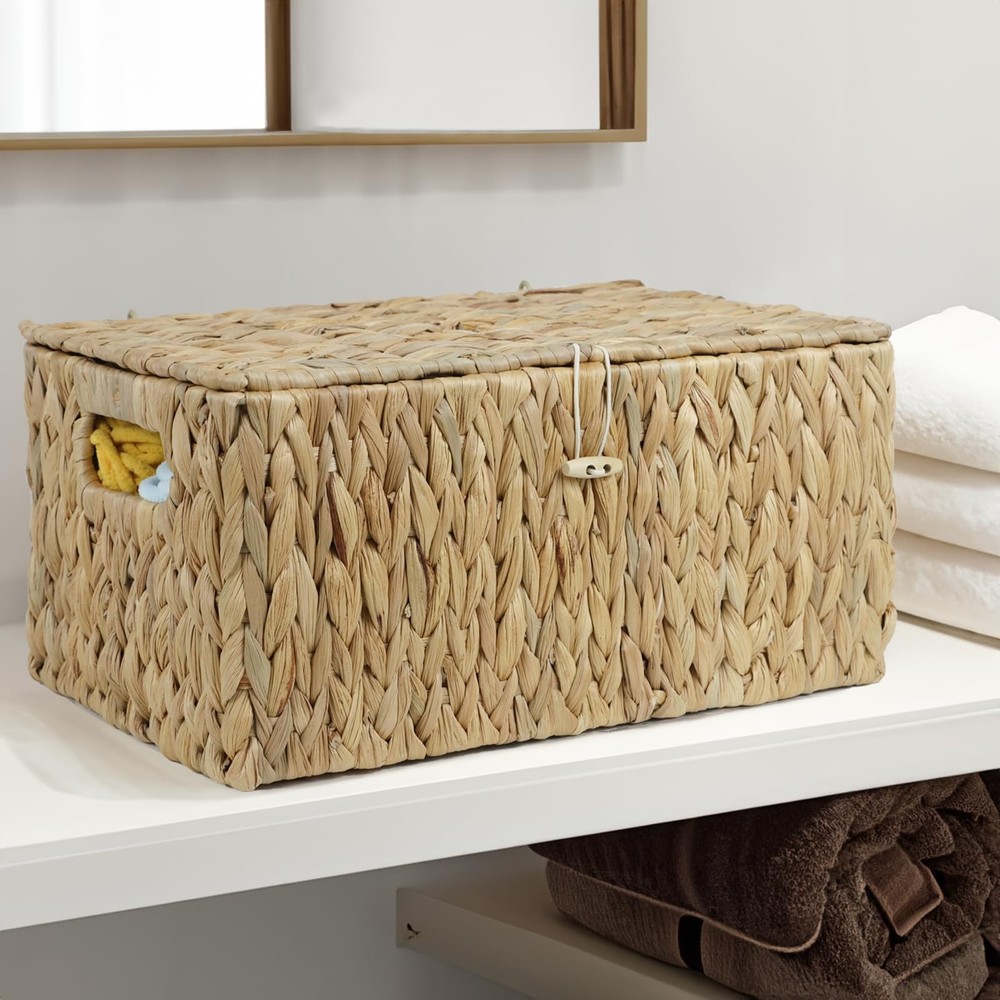 Large Wicker Basket with Lid, Rectangular Water Hyacinth Storage Baskets for ...