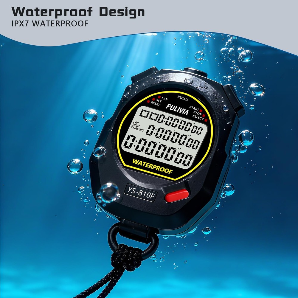 PULIVIA Waterproof Stopwatch Timer 10 Lap Split Memory Digital Stop Black