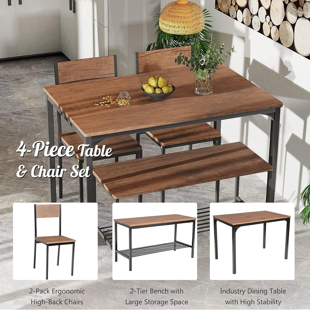Dining Table Set 4 43" Kitchen Table & Chairs Dining Bench W/ Metal Frame &