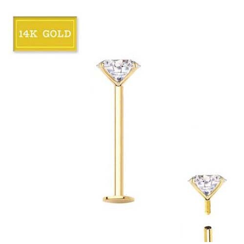 14K SOLID GOLD 16G INTERNALLY THREADED 2MM CZ STUD LIP LABRET EAR TRAGUS RING