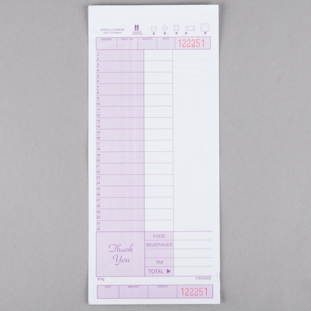 2500 Case 2 Part Carbonless Restaurant Diner Server Guest Order Receipt Check