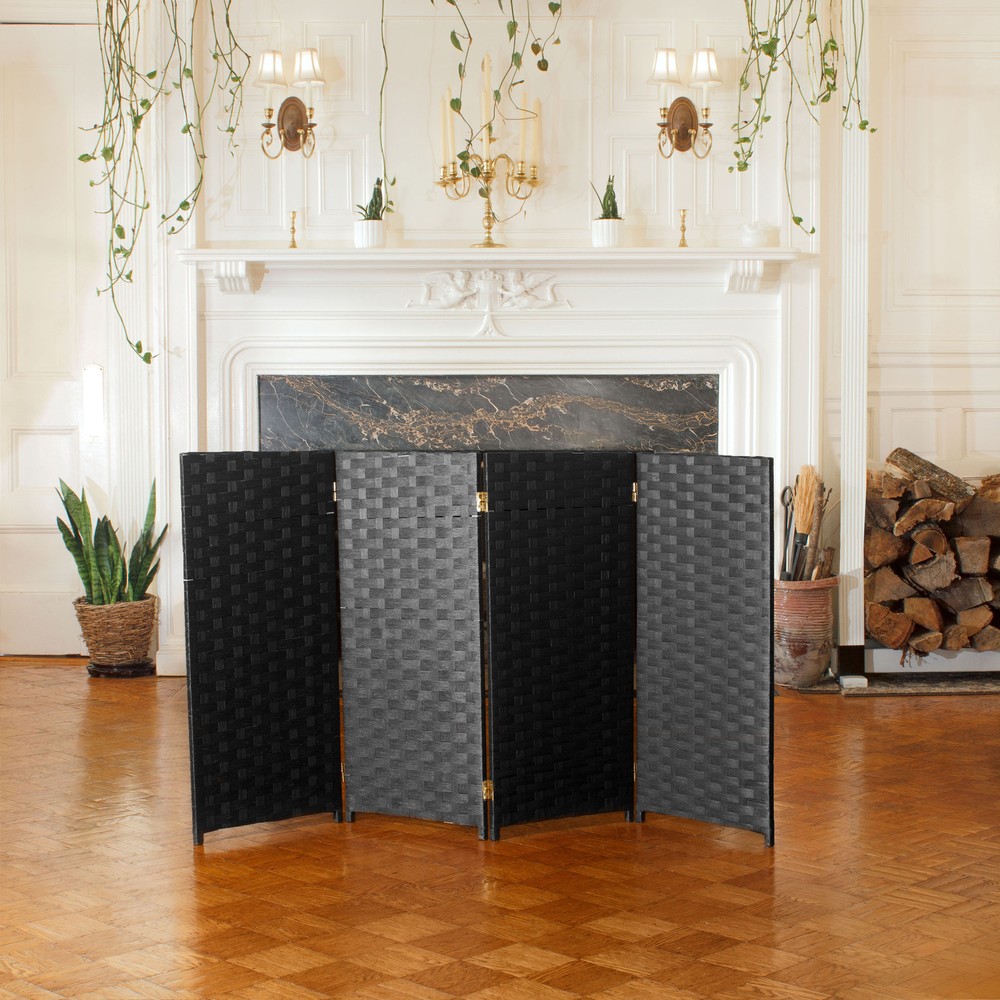 3 ft. Short Woven Fiber Folding Screen - 4 Panel - Black