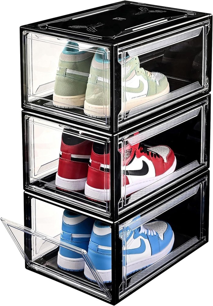 3Pack Magnetic Drop Front Shoe Box Clear Plastic Stackable Storage Bins Large