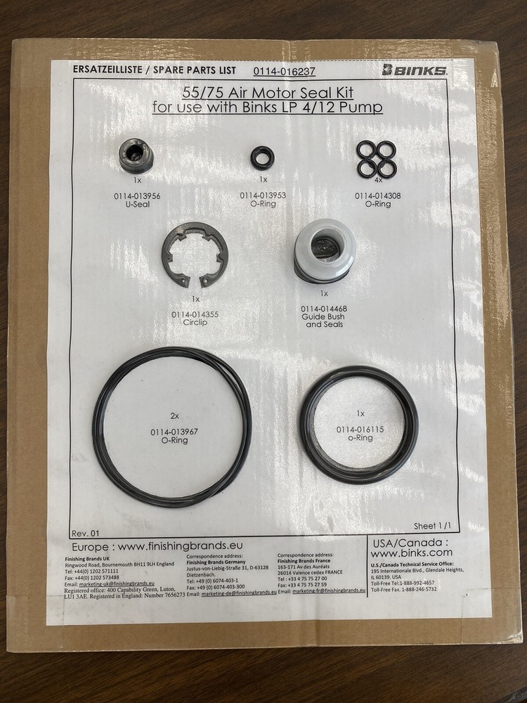 Binks 0114-016237 Seal Kit, Comet 4/12 Air Motor