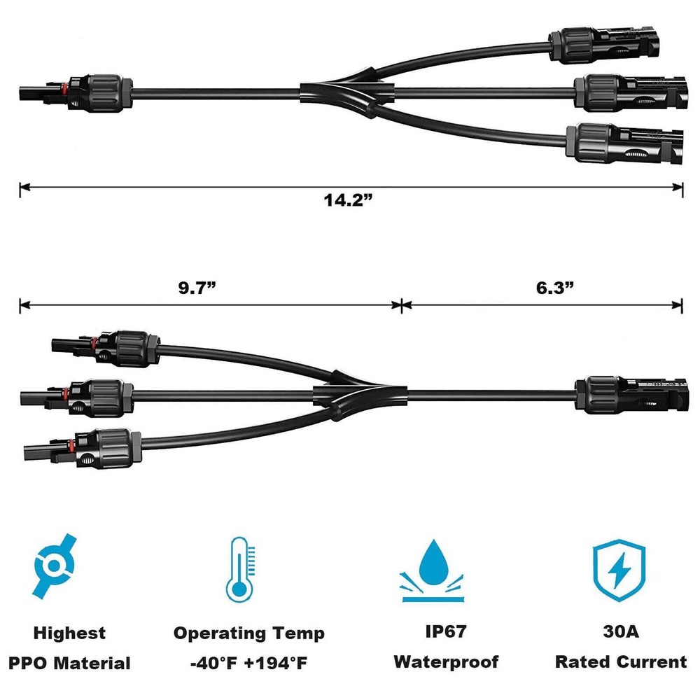 Solar Panel Y-3 Branch Cable Connection Waterproof Adapter Connector Extension