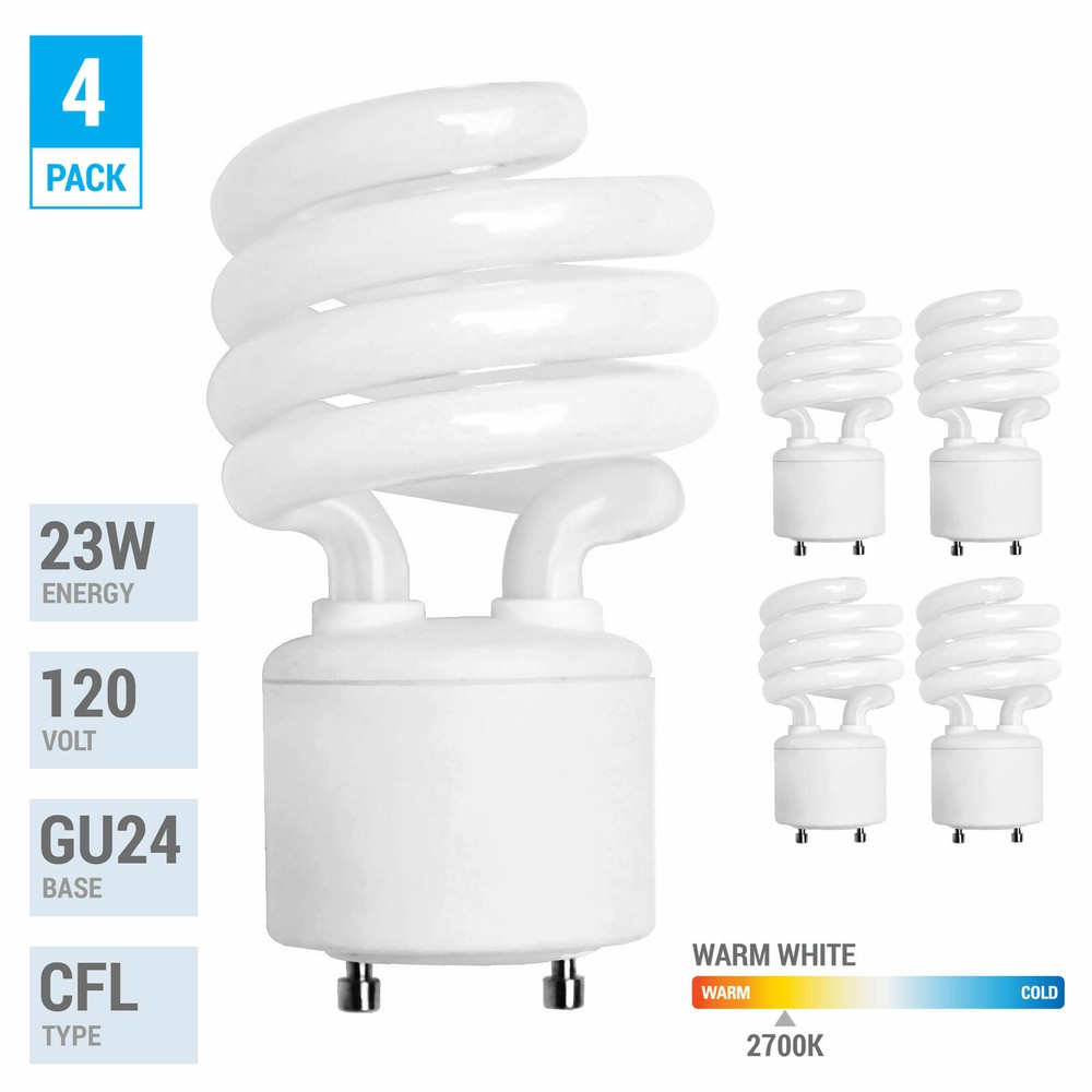 4 Pack Spiral CFL Fluorescent 23 Watt =100W Twist and Lock GU24 2700K Warm White
