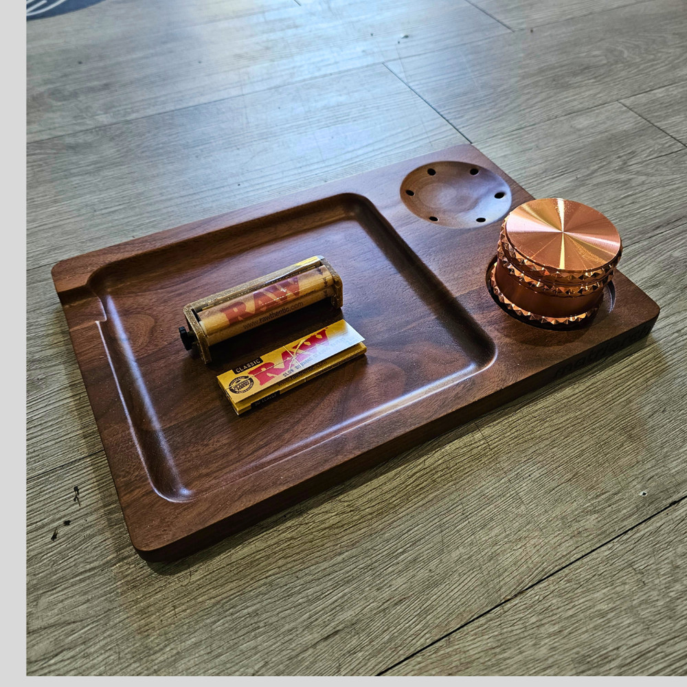 Premium Walnut Rolling Tray Kit – Grinder, Roller & Papers Combo