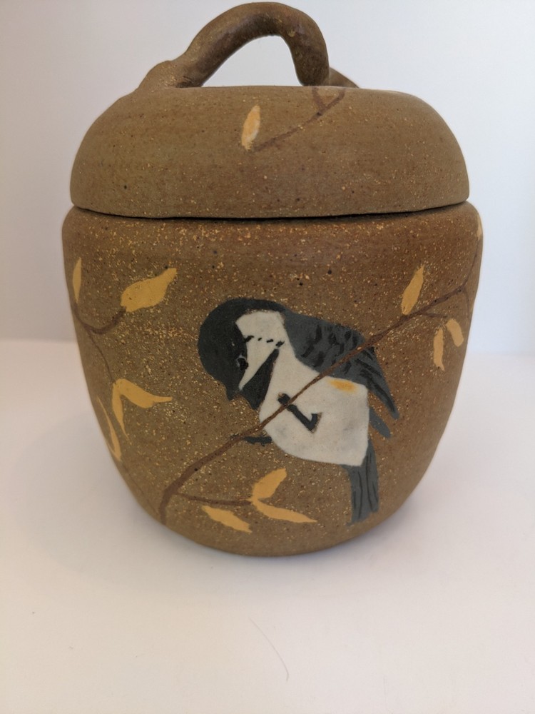 Handmade Pottery Jar Bird & Branches Pattern Handle Lid Matte Clay Brown