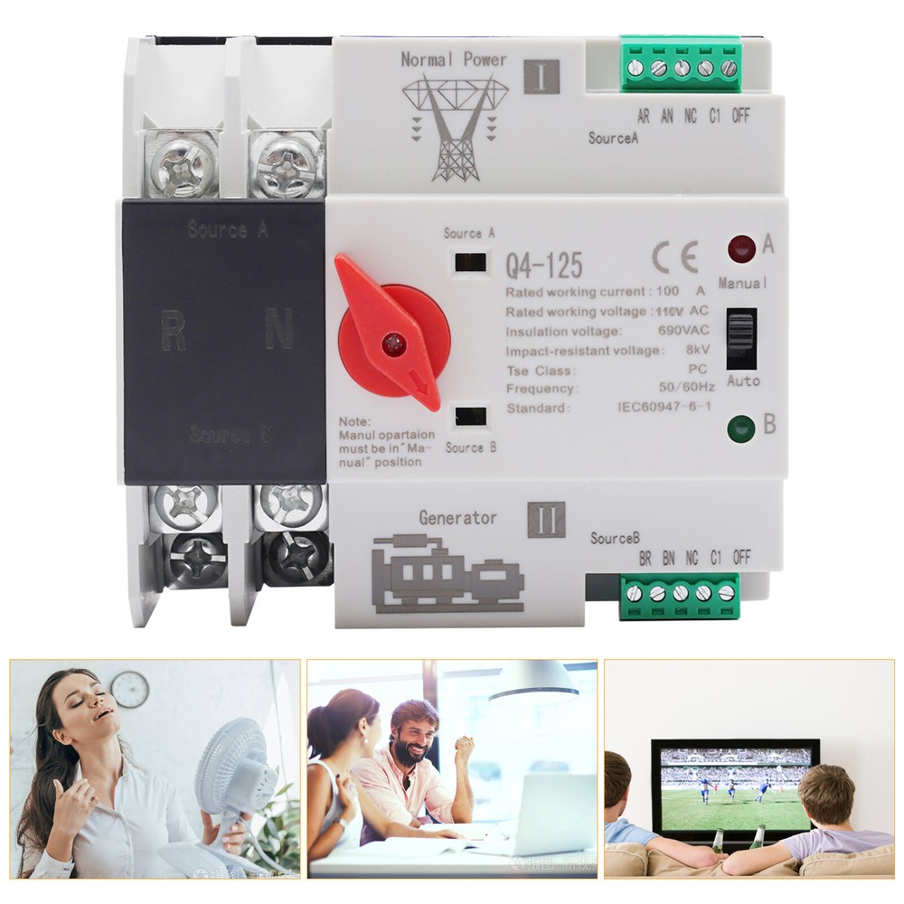100A PC Level Dual Power Automatic Transfer Switch 2P Generator Changeover 110V