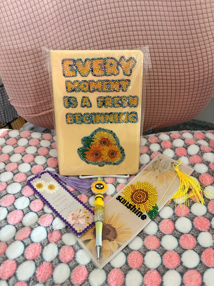 Sunflower Sunshine Bundle includes Notebook , 2 Bookmarks + Beaded Pen