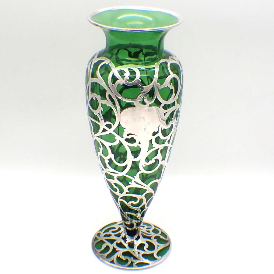 Green Glass Vase Silver Overlay