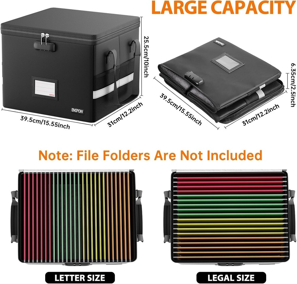 Lockable Fireproof File Box with Mesh Pockets - Protect Documents & Valuables